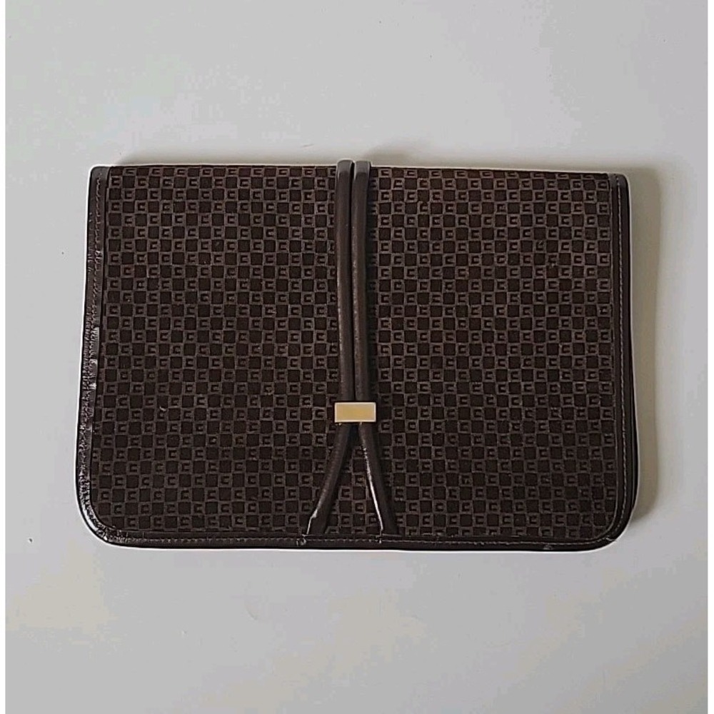 Vintage Envelope Clutch Purse Brown Monogrammed Suede Leather Elevated Retro 70s